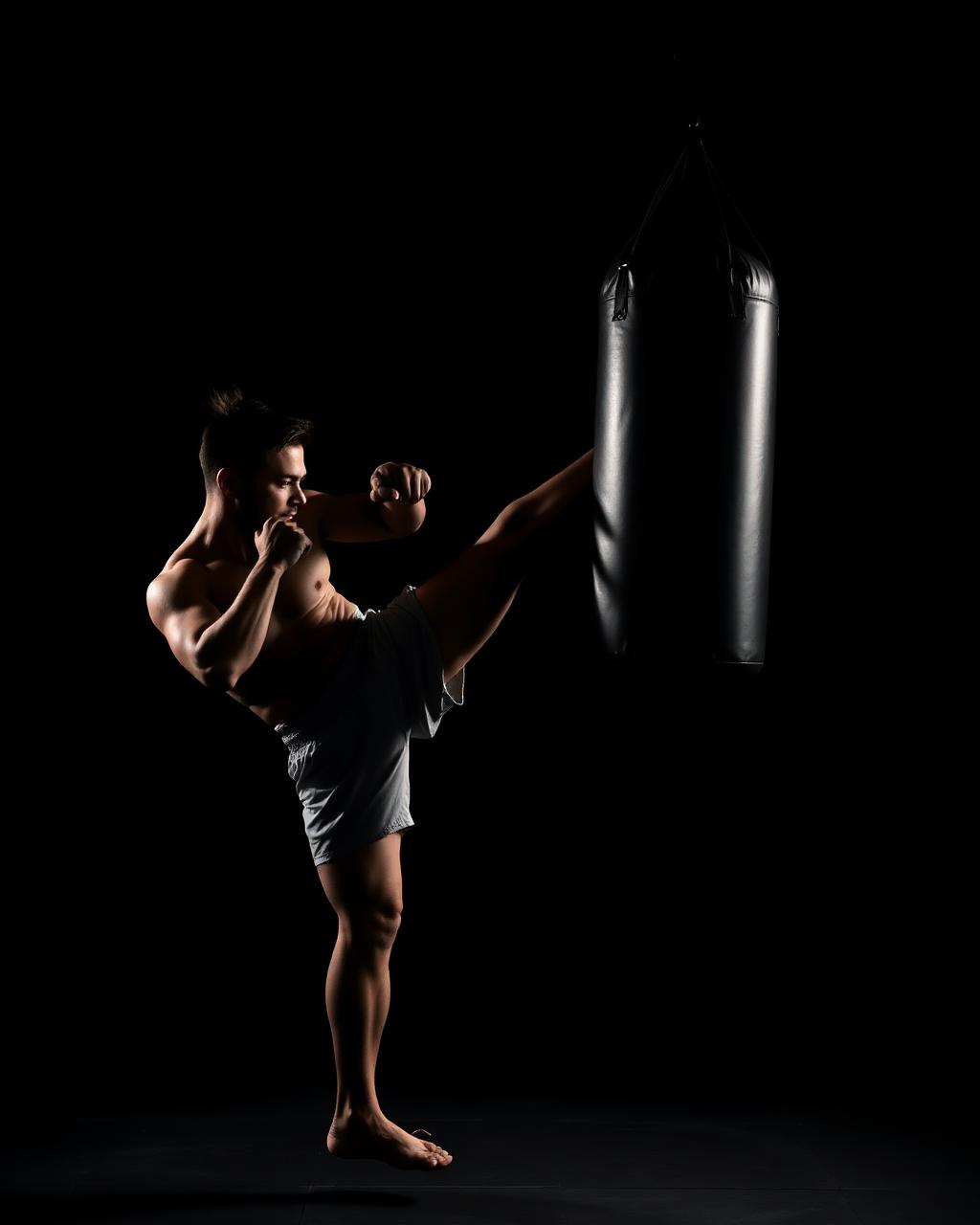 Athlete throwing a roundhouse kick into a heavy bag